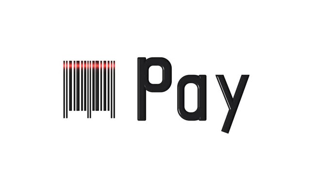 Barcode scan with red laser beam and 3D Pay text isolated on white background. Barcode payment symbol for retail checkout and cashless transaction