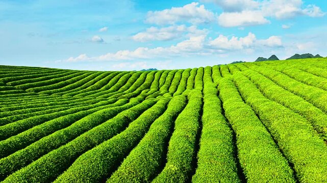 Lush green tea plantation stretches across rolling hills under a bright blue sky with fluffy white clouds in Anshun, Guizhou.