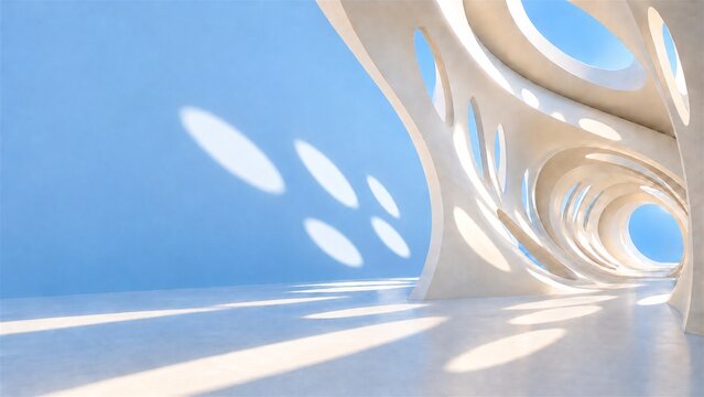 Ivory perforated arches recede into a serene blue architectural corridor.