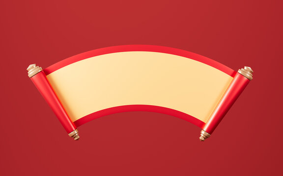 A traditional Chinese horizontal scroll mockup with red and gold rollers on a solid red background ready for your custom greeting text design