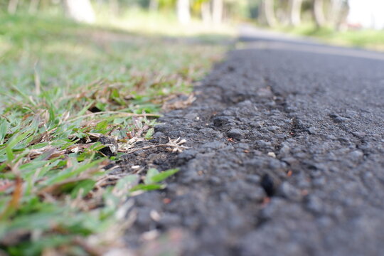 Close up view of the edge of an asphalt road meeting a grassy verge along a quiet countryside landscape path