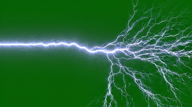 Bright white electric arc discharging and branching across a vivid green background