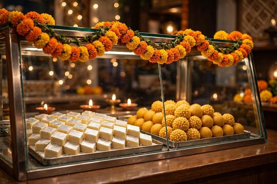 Mithai shop counter with kaju katli and laddoo trays decorated for Diwali