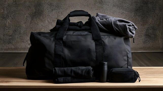 A black duffel bag with rolled clothing and travel accessories sits on a wooden surface against a textured wall