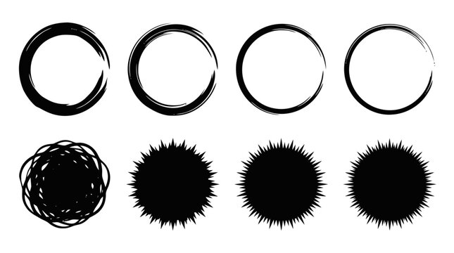 Vector illustration of set of hand drawn circles and starburst shapes on a transparent background