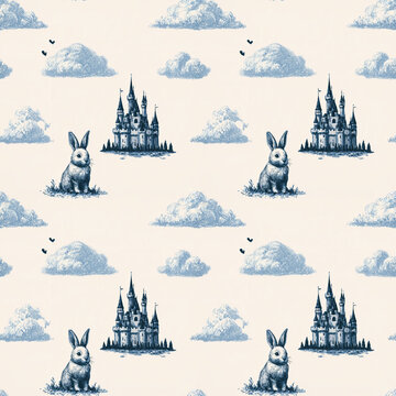 Seamless pattern with rabbit, castle and clouds in blue illustration. Whimsical storybook repeat design. Nursery decor, textile print and wallpaper. Fairytale fantasy theme.