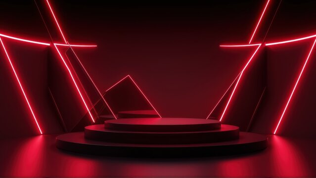 Dark stage features circular platforms illuminated by vibrant red neon lights. Geometric shapes create dramatic backdrop. Minimalist design.