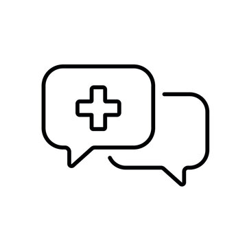 First medical consultation icon with speech bubbles and medical cross, line vector icon with editable stroke.
