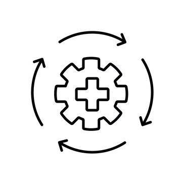 A vector icon representing clinic workflow with a medical gear and circular arrows, created in line style with editable stroke.