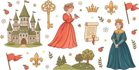 Fairytale vector elements set with royalty and fantasy characters . Princess, queen, castle, crown, golden key, scroll, fleur de lis . © M studio