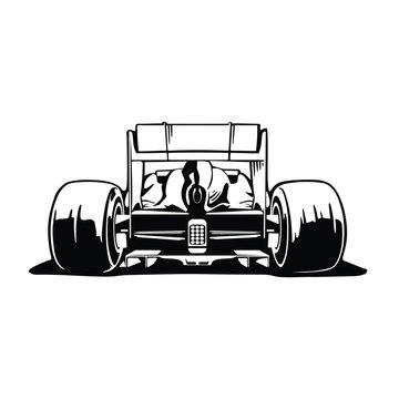 Vector illustration of a Formula One racing car shown from a dynamic rear view.
