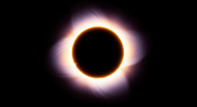 Total solar eclipse with glowing corona light ring against a deep black space sky background