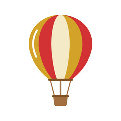 Hot air balloon icon with red gold and white striped pattern suitable for travel adventure leisure activities aerial exploration tourism or kid theme projects. © Rubab