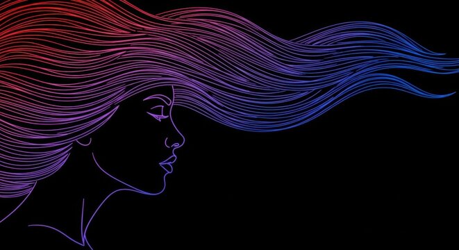 Profile of a woman with long flowing hair in red and blue gradient lines on a black background
