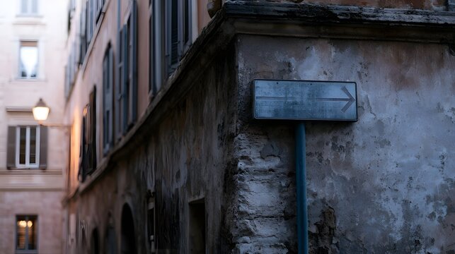A weathered directional sign points right against a textured stone wall in a narrow European alleyway at dusk