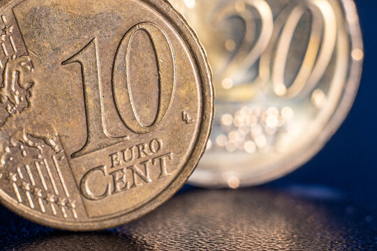 Macro shot of 10 and 20 euro cent coins with fine details   