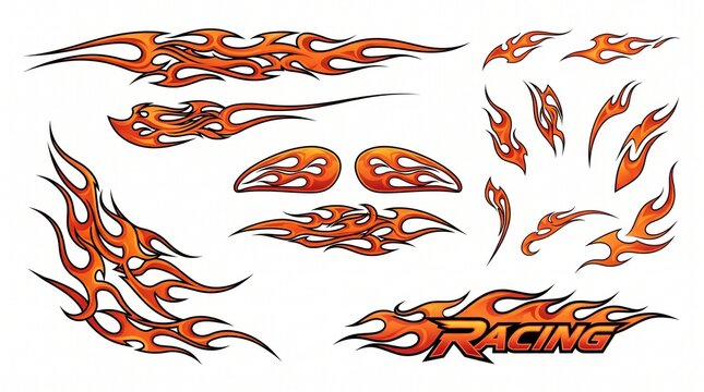 Racing flame decals set hot rod fire vinyl stickers for car motorcycle and vehicle graphics vector illustration isolated on white background