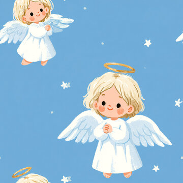 Cute angel doodle repeat pattern with golden halos and stars on blue. Seamless vintage style illustration for textile and print design. Whimsical celestial nursery art. Decorative wallpaper