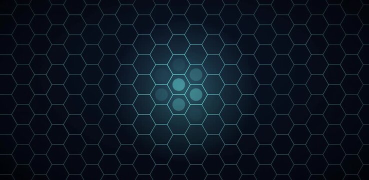 Hexagonal grid with traveling glow pulse on dark tech background seamless loop