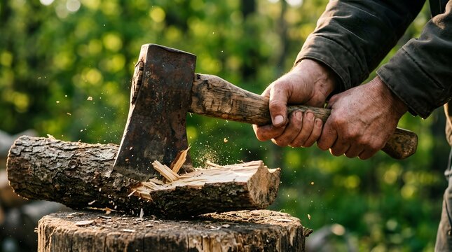 A person splitting logs with an axe in a lush green forest environment