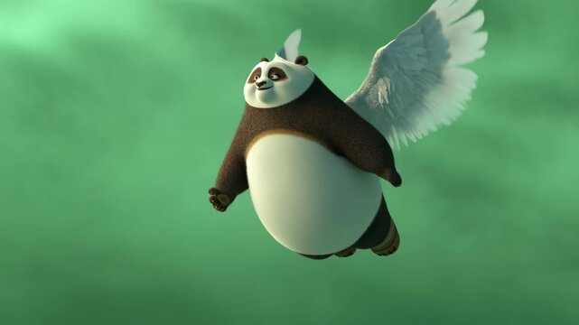 Cinematic 3D render of a funny panda bear flying with white angel wings against a soft green background. Cute character animation, fantasy concept with copy space for creative video projects.