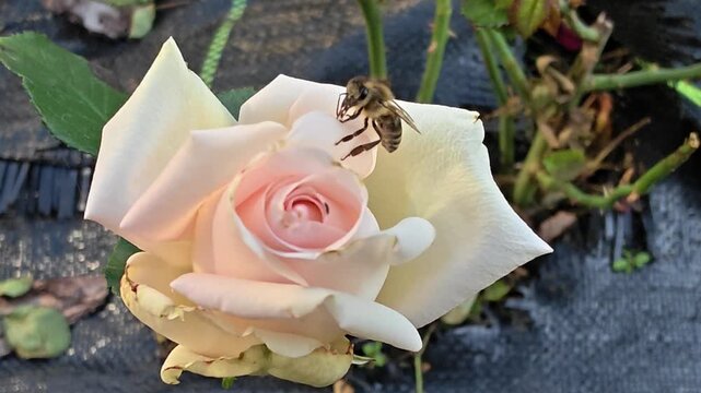Honey bee collecting nectar on a cream rose flower in autumn garden, close-up. A close-up shot of a hard-working honeybee pollinating and gathering nectar from a beautiful cream-colored rose