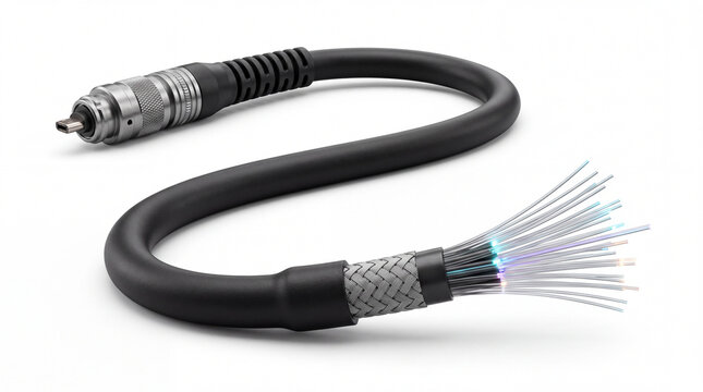 Fiber Optic Communication Cable with Illuminated Glass Strands Isolated on White