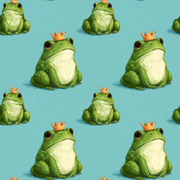 Green crowned frog seamless pattern on turquoise background. Repeating fairytale animal illustration. Whimsical nursery decor and childrens design. Textile, wallpaper and surface print