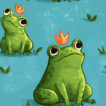 Cute green frogs wearing orange crowns by water. Repeating fairytale frog pattern for print and design. Retro vintage storybook illustration. Whimsical amphibian art for children
