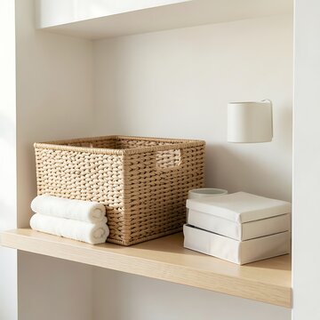 Wicker storage basket with white towels and boxes on a wooden shelf