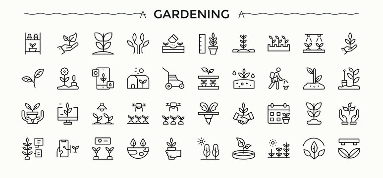 Gardening icon pack. Wheelbarrow simple icon set. Collection of simple line web icons. Contains related to rake, tools, garden, grow, plant, water and more. Vector illustration. Pixel perfect.