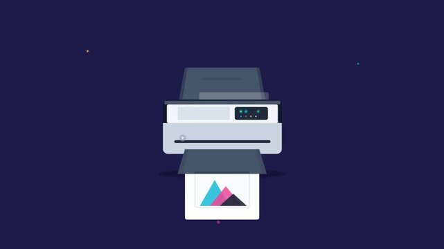 Modern flat vector illustration of an office printer producing a colorful paper document.