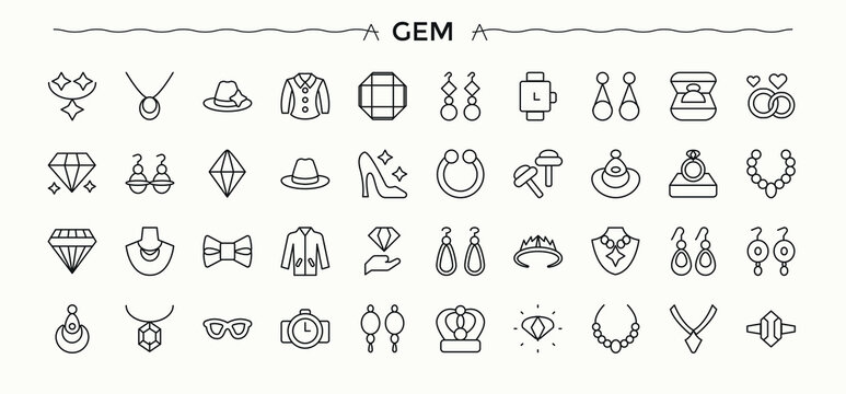 Jewel icon. Contain linear symbols fashion, gem, gift, luxury, precious, jewellery and more. Jewelry icon. Isolated icons. Editable stroke.