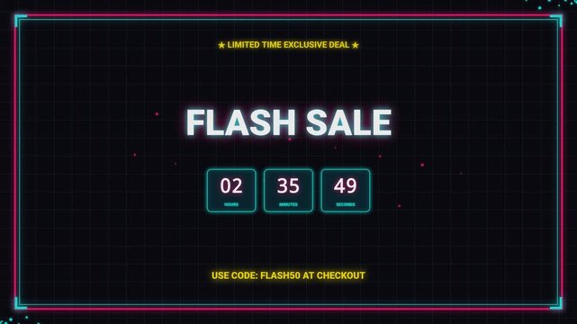 Flash sale neon countdown timer animation with limited time exclusive deal and promo code for online shopping