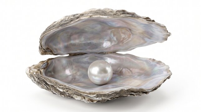 Open oyster shell holding a single lustrous natural white pearl, realistic 3D pearl diving heritage and luxury jewelry theme isolated on white