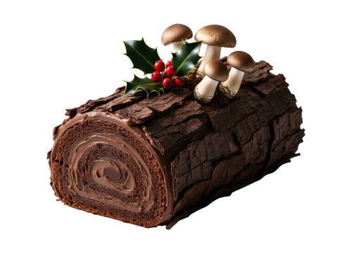 Chocolate yule log with mushrooms and holly, isolated on transparent background
