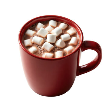 Hot chocolate with marshmallows in a red mug, isolated on transparent background