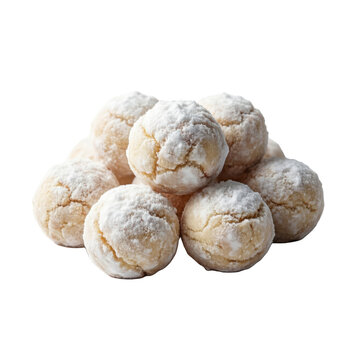 Snowball cookies coated in powdered sugar, isolated on transparent background