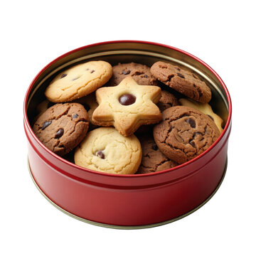 Red cookie tin filled with assorted cookies, isolated on transparent background