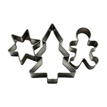 Three metal cookie cutters in star tree and gingerbread man shapes, isolated on transparent background