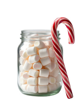Glass jar of marshmallows with a candy cane, isolated on transparent background