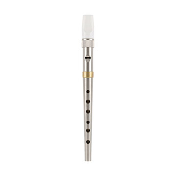 Steel penny whistle flute with a white mouthpiece, a brass ring and six finger holes along a slim tube, isolated on transparent background
