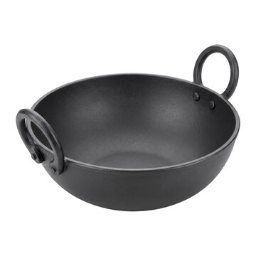 Black cast iron kadai with a deep round wok-style body, two riveted loop handles and a smooth seasoned surface, isolated on transparent background