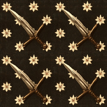 Repeating medieval sword and flower pattern on dark textured ground. Seamless ornamental design for fabric and print. Fantasy weapon motif. Vintage hand-drawn illustration for decorative
