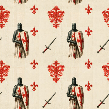 Repeating medieval pattern with armored knight, sword, fleur-de-lis and heraldic eagle. Seamless historical design for fabric and wallpaper. Heraldry, medieval fantasy and print decoration.