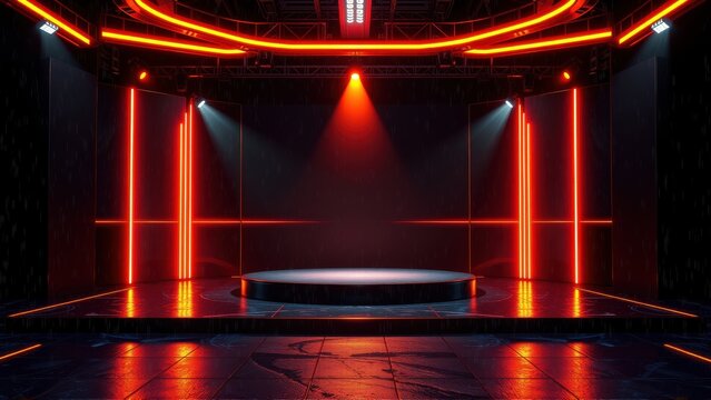 Dark stage features circular platform, illuminated by vibrant red neon lights. Dramatic lighting creates futuristic atmosphere. Empty space awaits performance.