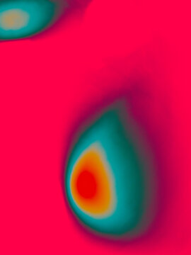 Vertical abstract bright pink red background with teal teardrop shape and glowing orange red core, minimalist psychedelic false color design