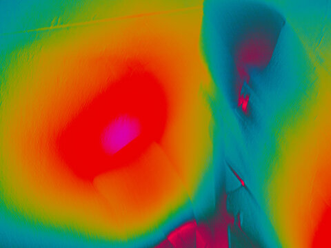 Colorful rainbow gradient thermal-style abstract with red orange green and teal blobs and pink shape, smooth psychedelic false color background