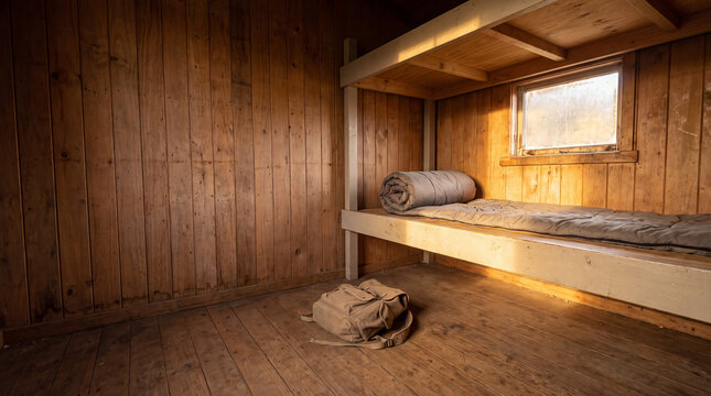 Rustic Cabin Bunk Room with Rolled Sleeping Bag