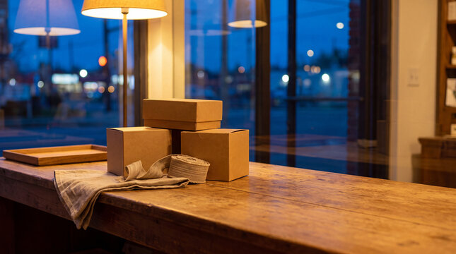Stacked Cardboard Boxes with Twine on Rustic Wooden Counter